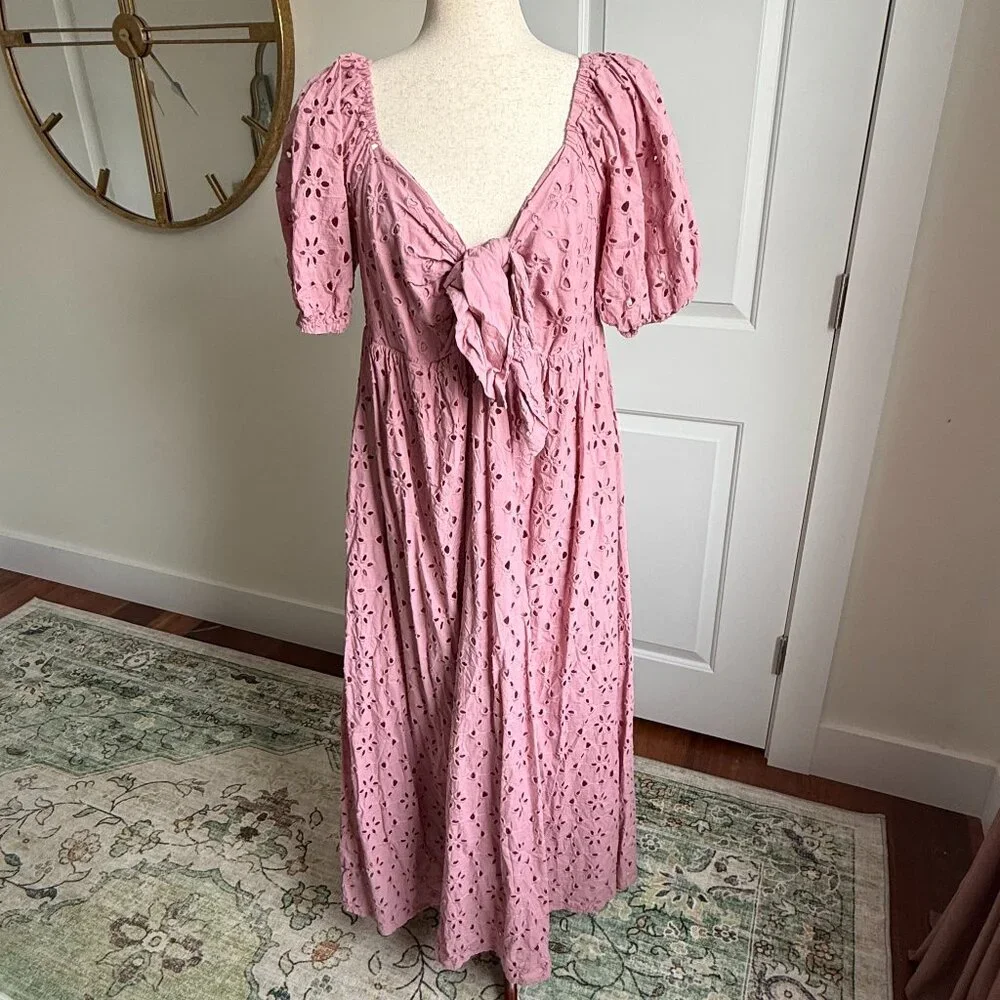 Eloquii Eyelet Detail Tie Front Puff Sleeve Maxi Dress Pink Mauve Size 18 - Picture 2 of 11
